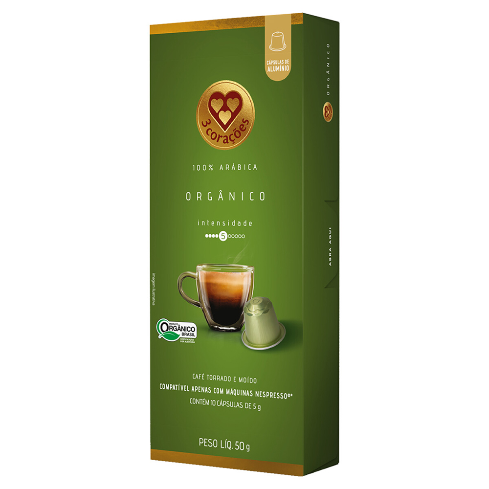Café em Cápsula Torrado e Moído Orgânico 3 Corações Caixa 50g 10 ...