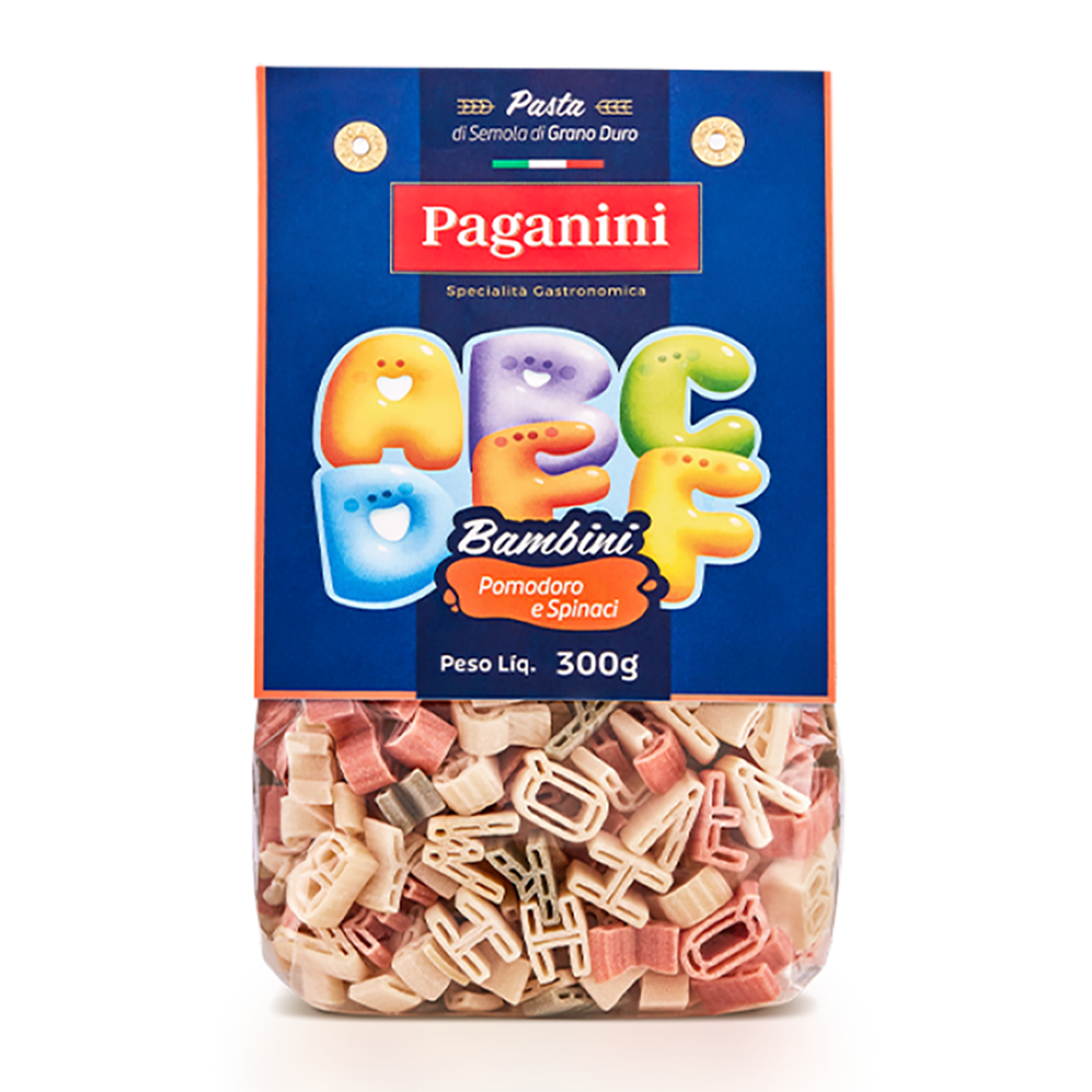 Macarrão bambini tomate e espinafre letrinhas Paganini 300g