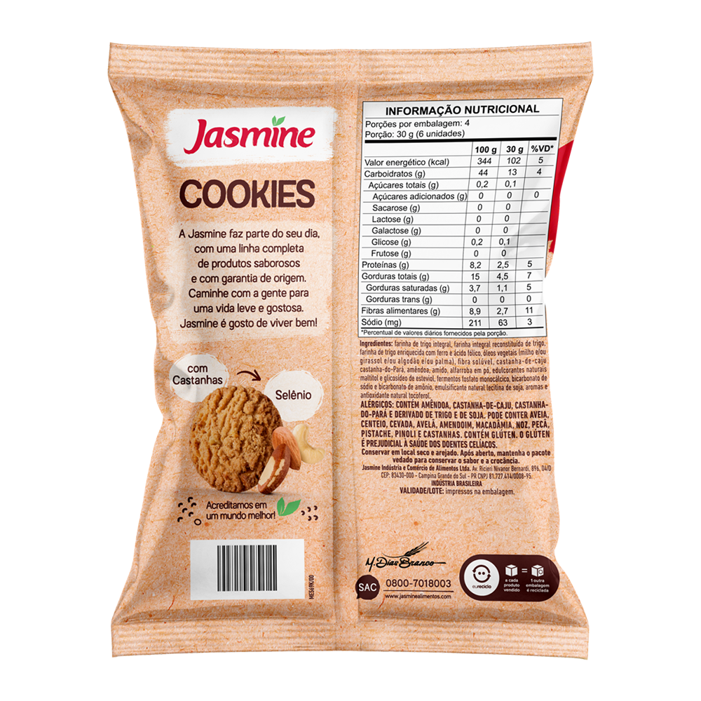 Cookie zero açúcar integral mêndoas e castanhas Jasmine 150g