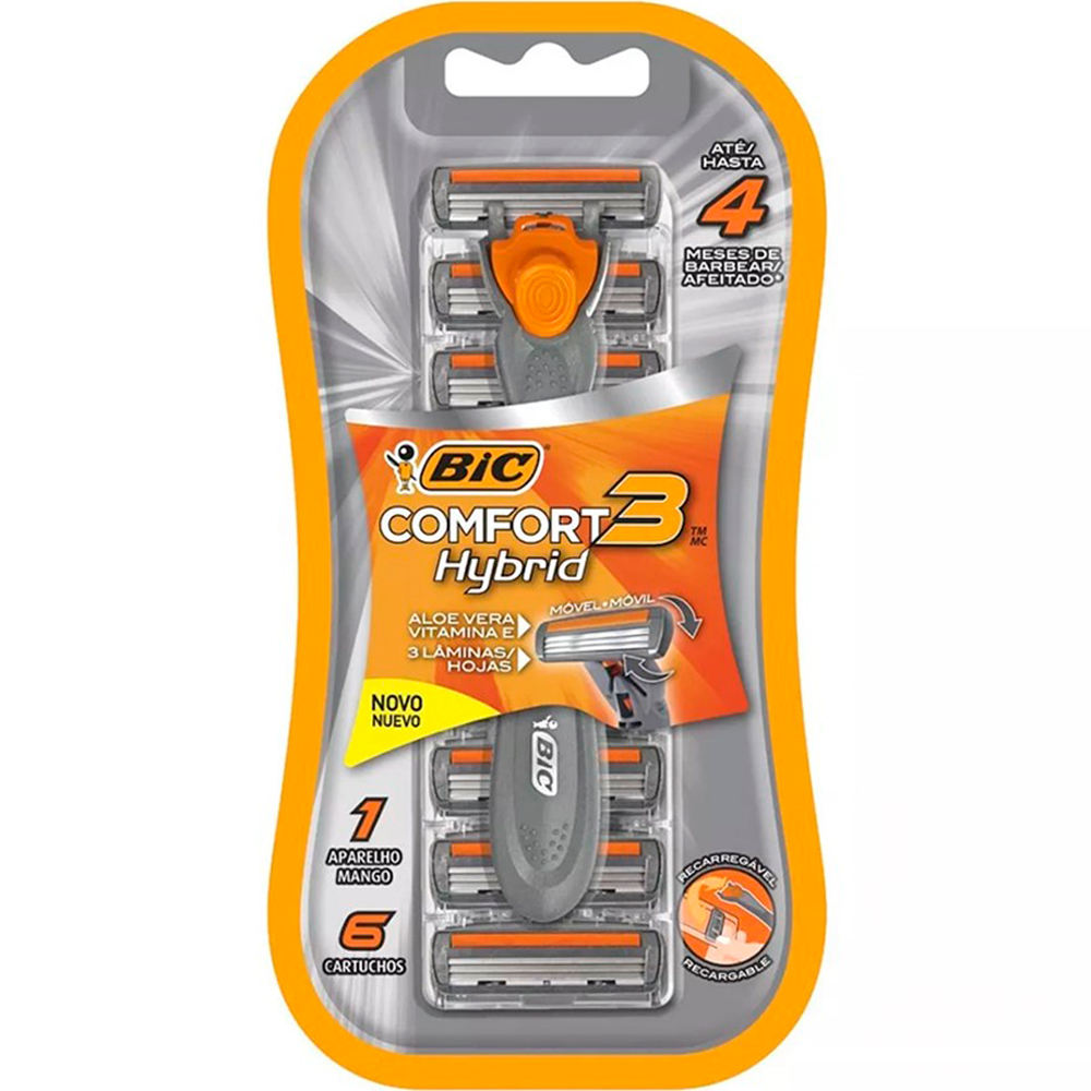 Aparelho de barbear comfort 3 Hybrid Bic 1 Aparelho e 6 Cartuchos ...