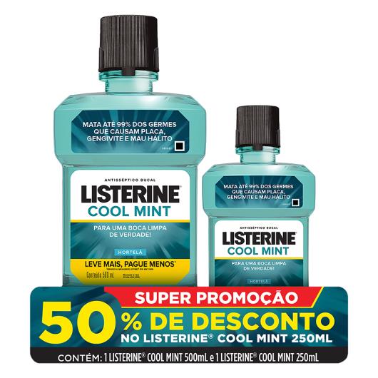 Kit Enxaguante Bucal Antisséptico Hortelã Listerine Cool Mint 500ml Leve Mais Pague Menos Grátis 50% de Desconto Listerine 250ml - Imagem em destaque