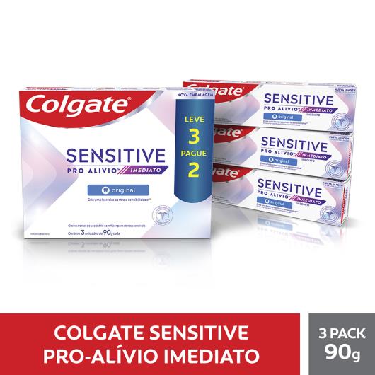 Pack Creme Dental Original Colgate Sensitive Pro-Alívio Imediato Caixa 90g Cada Leve 3 Pague 2 Unidades - Imagem em destaque