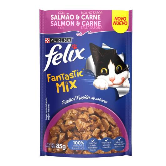 NESTLÉ PURINA FELIX FANTASTIC MIX Ração Úmida para Gatos Adultos Salmão e molho sabor Carne 85g - Imagem em destaque