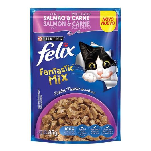 NESTLÉ PURINA FELIX FANTASTIC MIX Ração Úmida para Gatos Adultos Salmão e molho sabor Carne 85g - Imagem em destaque