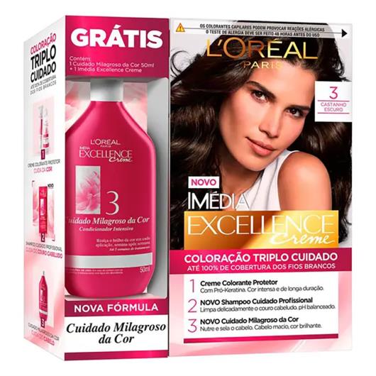 Kit Tintura Imédia Excellence L'oréal Castanho Escuro 3 Ganhe Condicionador Cuidado Milagroso da Cor - Imagem em destaque