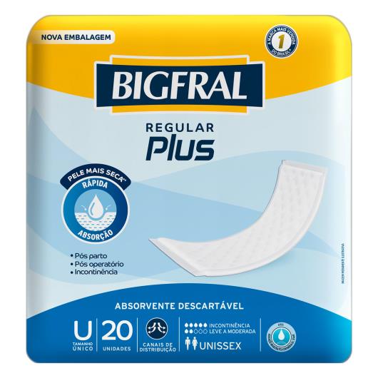 Absorvente para Incontinência Urinária Bigfral Regular Plus Único Pacote 20 Unidades - Imagem em destaque