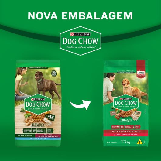 NESTLÉ PURINA DOG CHOW EXTRALIFE Adultos Médios e Grandes Carne Frango e Arroz 3kg - Imagem em destaque