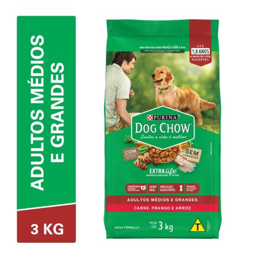 NESTLÉ PURINA DOG CHOW EXTRALIFE Adultos Médios e Grandes Carne Frango e Arroz 3kg - Imagem em destaque