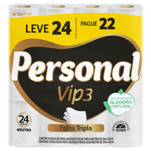 Papel Higiênico Folha Tripla Neutro Personal Vip3 20m Pacote Leve 24 Pague 22 Unidades - Imagem em destaque