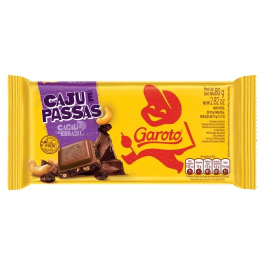 Chocolate ao Leite GAROTO Caju com Passas Tablete 80g - Imagem em destaque