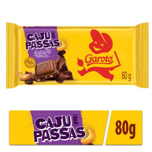 Chocolate ao Leite GAROTO Caju com Passas Tablete 80g - Imagem em destaque