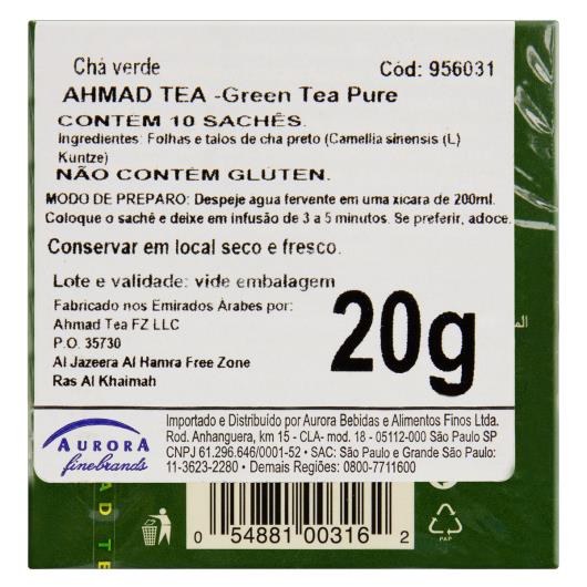 Chá Verde Pure Ahmad Tea London Caixa 20g 10 Unidades - Imagem em destaque