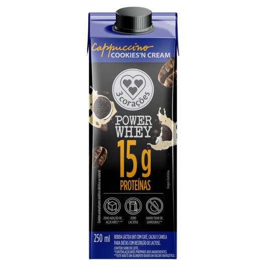 Bebida Láctea UHT Cappuccino Cookies'n Cream Zero Lactose 3 Corações Power Whey Caixa 250ml - Imagem em destaque