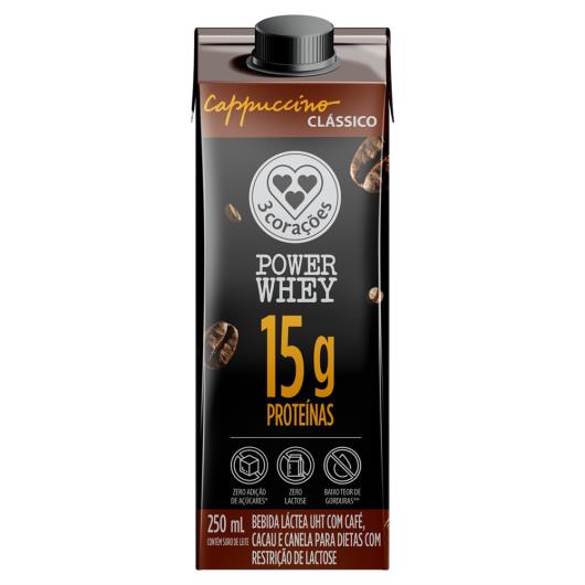 Bebida Láctea UHT Cappuccino Clássico Zero Lactose 3 Corações Power Whey Caixa 250ml - Imagem em destaque