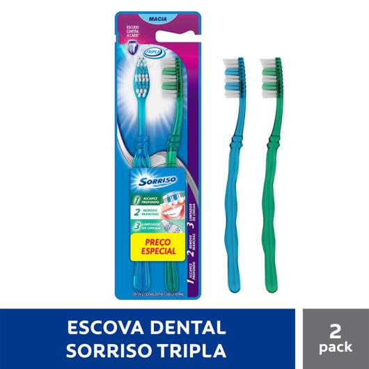 Escova Dental Macia Tripla Sorriso Cabeça Normal 2 Unidades - Imagem em destaque