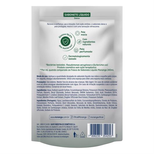Sabonete Líquido Detox Capim-Limão & Gengibre Monange Sachê 400ml Refil Econômico - Imagem em destaque