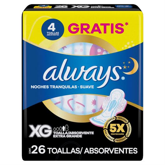 Absorvente com Abas Suave Always Noites Tranquilas Extra Grande Pacote 26 Unidades Grátis 4 Absorventes - Imagem em destaque