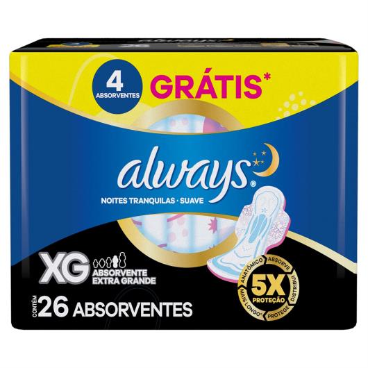 Absorvente com Abas Suave Always Noites Tranquilas Extra Grande Pacote 26 Unidades Grátis 4 Absorventes - Imagem em destaque