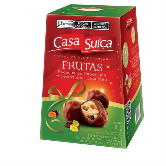 Pedaços de Panettone com Frutas Cristalizadas e Uvas-Passas Cobertura Chocolate ao Leite Casa Suíça Caixa 100g - Imagem em destaque