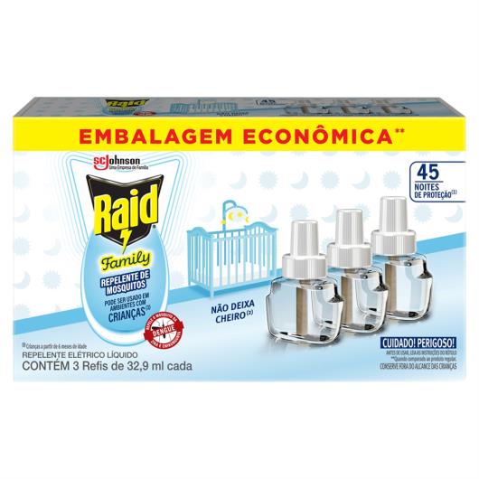 Repelente Líquido Elétrico 45 Noites Raid Family Caixa 3 Unidades 32,9ml Cada Embalagem Econômica - Imagem em destaque