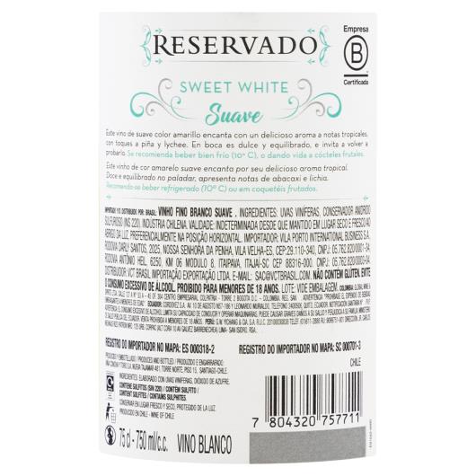 Vinho Chileno Branco Suave Sweet Reservado Garrafa 750ml - Imagem em destaque