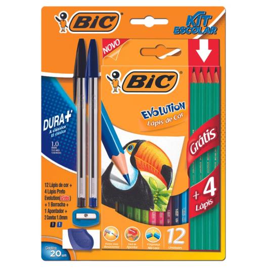 Kit 12 Lápis de Cor Evolution + 1 Borracha + 1 Apontador + 2 Canetas 1,0mm Ponta Média Dura+ Bic Grátis 4 Lápis Pretos - Imagem em destaque