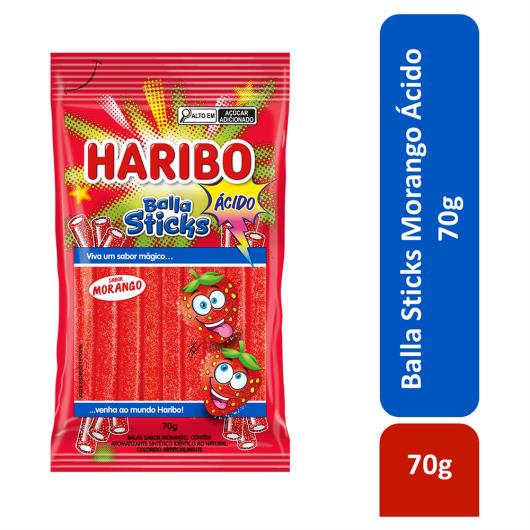 Bala Morango Ácido Haribo Balla Sticks Pacote 70g - Imagem em destaque