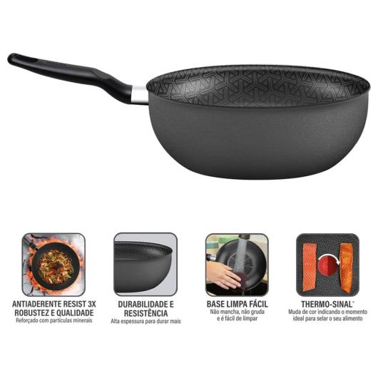 Frigideira Wok Rochedo Robusta Grafite Antiaderente Base Limpa Fácil e Thermo-Sinal 25cm - Imagem em destaque