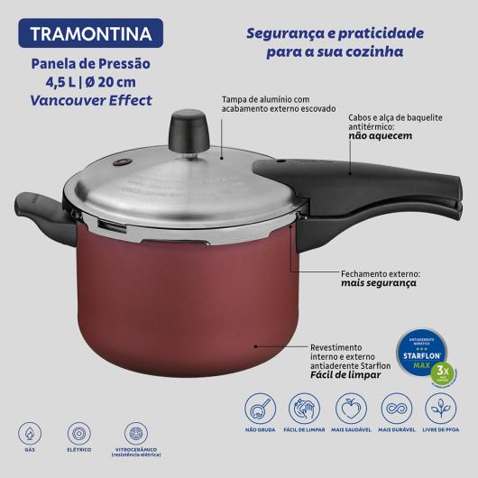 Panela de Pressão Tramontina Vancouver Effect Revestimento Interno e Externo Starflon Max Vermelho 20 cm 4,5 L - Imagem em destaque