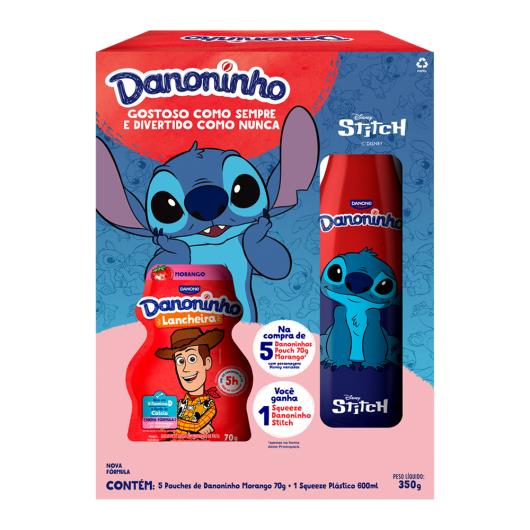 Kit Petit Suisse Danoninho Morango 350g 5 Unidades Grátis 1 Squeeze Plástico Stitch 600ml - Imagem em destaque