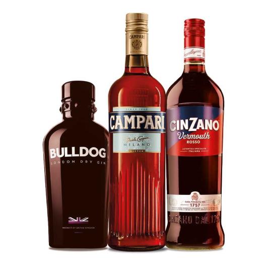 Kit 1 Campari 748ml + 1 Cinzano Vermouth Rosso 1l + 1 Gin London Dry Bulldog 750ml + Brinde Conjunto P/ Drink Campari - Imagem em destaque