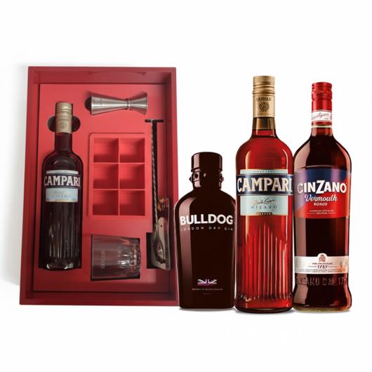 Kit 1 Campari 748ml + 1 Cinzano Vermouth Rosso 1l + 1 Gin London Dry Bulldog 750ml + Brinde Conjunto P/ Drink Campari - Imagem em destaque
