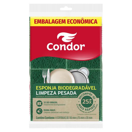 Esponja Biodegradável Condor Limpeza Pesada 4 Unidades Embalagem Econômica - Imagem em destaque