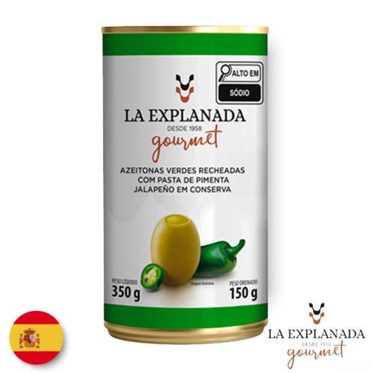 Azeitona verde recheada com pasta de pimenta jalapeño La Explanada conserva lata 150g - Imagem em destaque