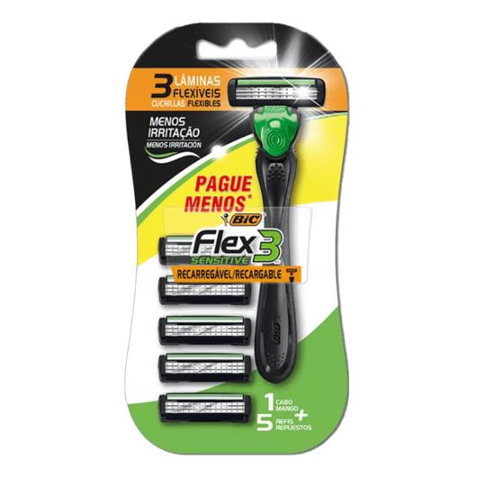 Kit 1 Aparelho Recarregável + 5 Cargas para Barbear Bic Flex 3 Sensitive Leve Mais Pague Menos - Imagem em destaque
