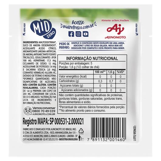 Refresco em Pó Amora Zero Açúcar Mid 8g - Imagem em destaque