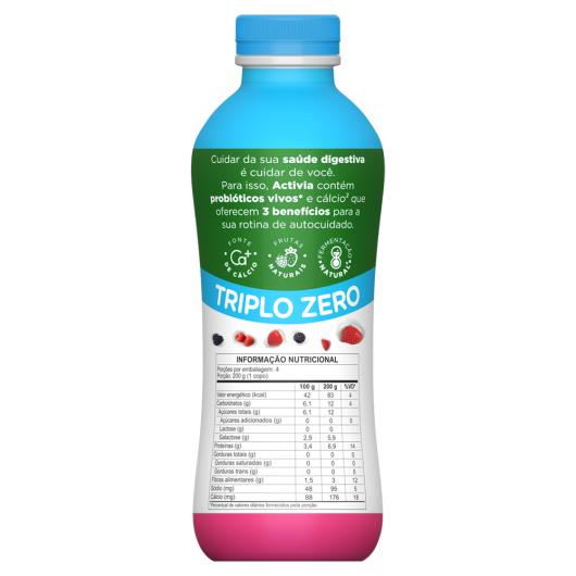 Leite Fermentado Desnatado Frutas Vermelhas Zero Lactose Activia Triplo Zero Garrafa 800g - Imagem em destaque
