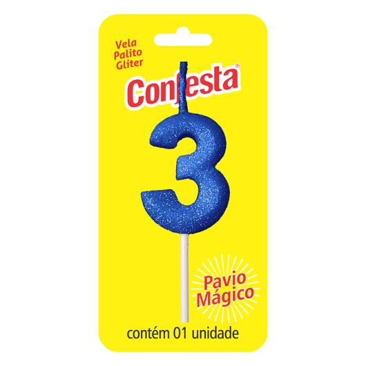 Vela Aniversário Azul Palito com Gliter Nº3 Confesta - Imagem em destaque