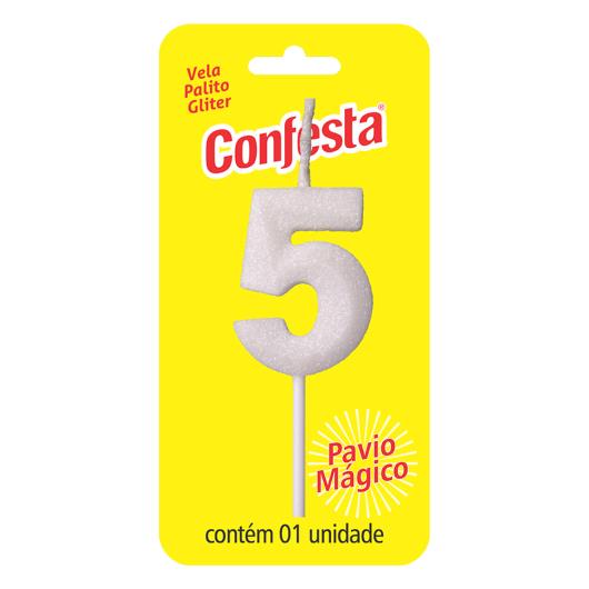 Vela Aniversário Branca Palito com Gliter Nº5 Confesta - Imagem em destaque