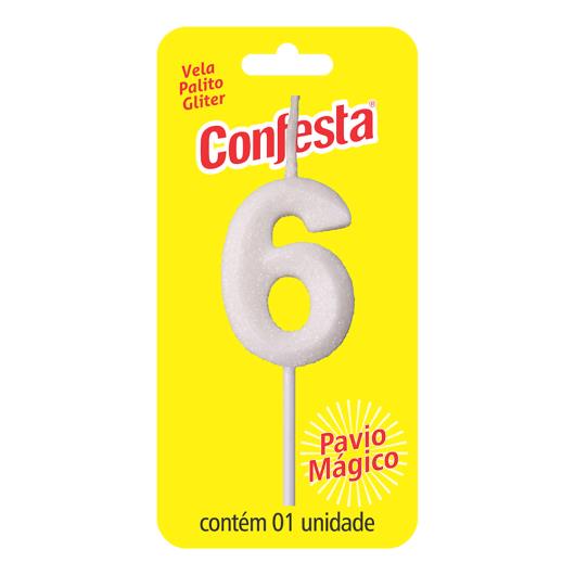 Vela Aniversário Branca Palito com Gliter Nº6 Confesta - Imagem em destaque