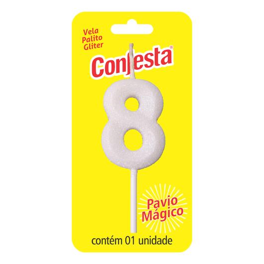 Vela Aniversário Branca Palito com Gliter Nº8 Confesta - Imagem em destaque