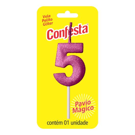 Vela Aniversário Rosa Palito com Gliter Nº5 Confesta - Imagem em destaque