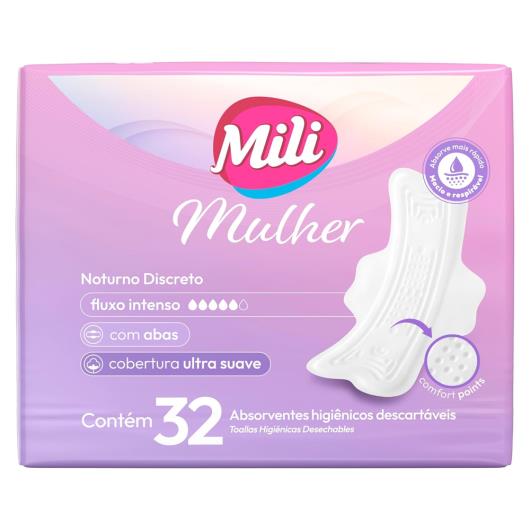 Absorvente Cobertura Ultra Suave com Abas Noturno Discreto Mili Pacote 32 Unidades - Imagem em destaque