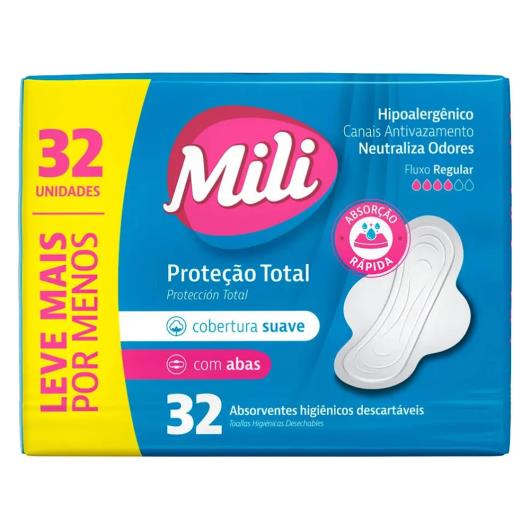 Absorvente Cobertura Suave com Abas Proteção Total Mili Pacote 32 Unidades Leve Mais por Menos - Imagem em destaque