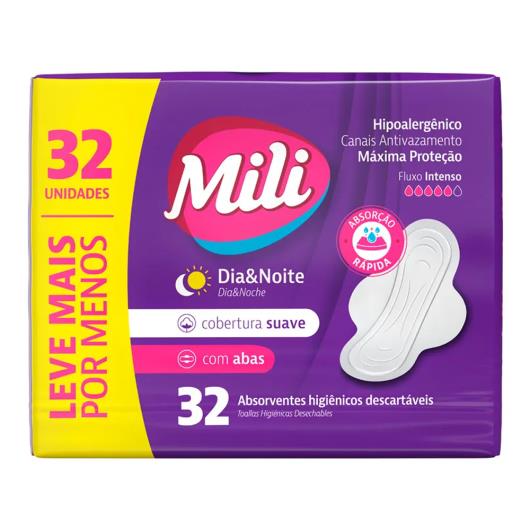 Absorvente Cobertura Suave com Abas Dia e Noite Mili Pacote 32 Unidades Leve Mais por Menos - Imagem em destaque