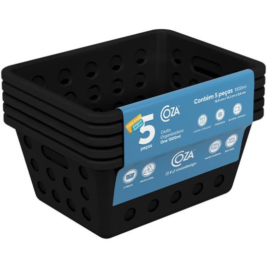 Kit Cesta Organizadora Preta Coza 5 Unidades 14,2cmx18,6cmx8,6cm - Imagem em destaque