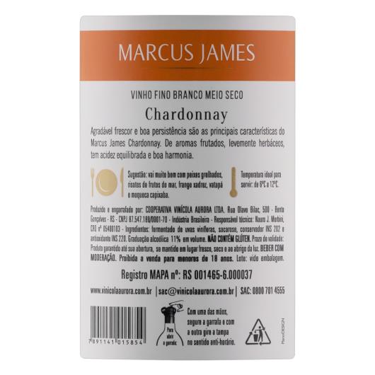 Vinho Brasileiro Branco Meio Seco Marcus James Chardonnay Serra Gaúcha Garrafa 750ml - Imagem em destaque