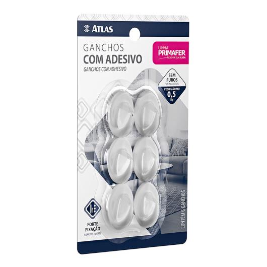 Gancho Adesivo Atlas Primafer Plástico Capacidade 0,5kg com 6 unidades - Imagem em destaque