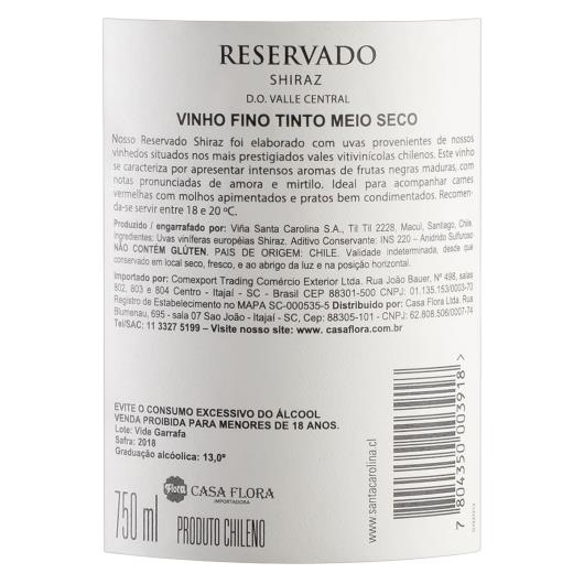Vinho Chileno Tinto Meio Seco Reservado Santa Carolina Shiraz Valle Central Garrafa 750ml - Imagem em destaque