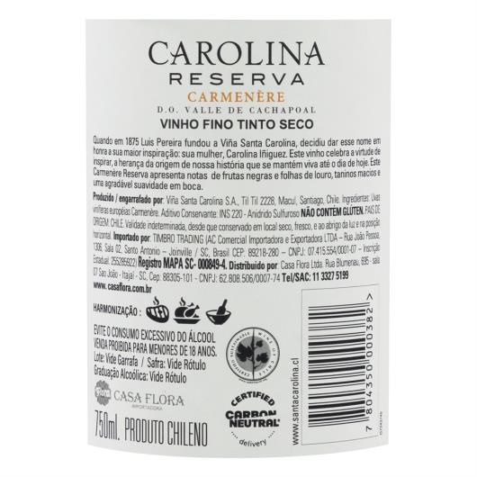 Vinho Chileno Tinto Seco Reserva Santa Carolina Carménère Valle del Cachapoal Garrafa 750ml - Imagem em destaque